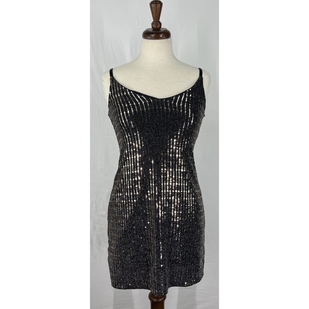 Candie's Women Black Gold Geo Sparkle Sequin Bodycon Mini Dress Cocktail Part XS